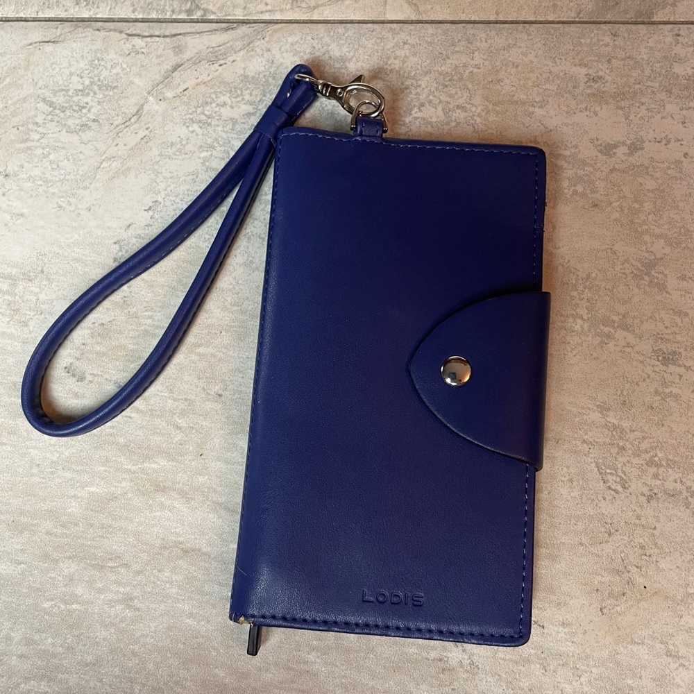 Lodis Royal Blue Leather Bifold Wallet Wristlet Clutch Removable Strap